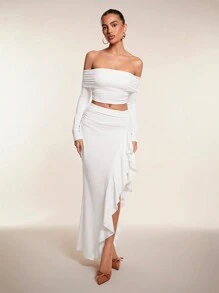 Glamine Set de 2 vestidos ajustado de manga larga asimétricos de color liso para mujer