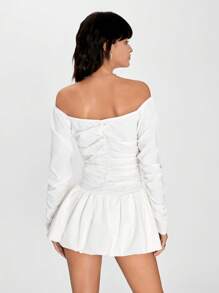 SHEIN EZwear 女士优雅纯色露肩荷叶边下摆修身连衣裙，春夏 - 白色 - 查看 2