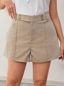 SHEIN Privé Shorts de talle alto con diseño de botón - Caqui - Ver 3