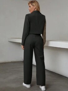 EMERY ROSE Plaid Patchwork Cropped Suit Jacket And Pants Set Fall Cloth For Women - Black - View 2