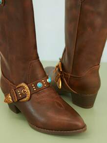 Mini mi Bestselling Kids' Brown Mid-Calf Cowboy Boots With Vintage Buckle, Turquoise Accents, Distressed Pu-Playful, Chicluxurious Look.