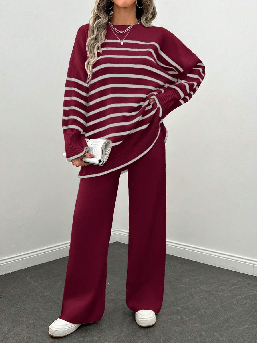 EURMUSE 2pcs/Set Women Casual Daily Wear Round Neck Contrast Stripe Drop Shoulder Sweater And Pants - Burgundy - View 1