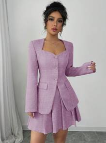 Gloray Women V-Neck Pink Fitted Blazer + Short Pleated Skirt Suit, Autumn Set