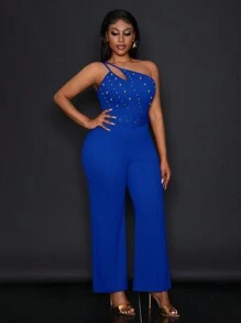 Slaydiva 全新优雅派对日常约会双肩细肩带珠饰金属装饰直筒超长裤连体裤-W - 藍色 - 查看 3