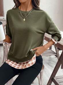SHEIN LUNE Damen Herbst Patchwork Karomuster Rundhals Drop Shoulder Langarm Lässig Sweatshirt - Armeegrün - Übersicht 1