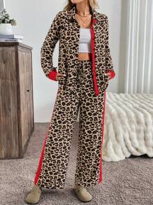 Chiquease 2 Stücke Damen Leoparden-Muster Patchwork rote Hosen, Lässig Pendelanzug, Herbst für Neujahrskleidung