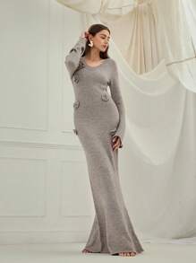 Enchnt Women's Elegant Solid Color 3D Floral Decoration Trumpet Sleeve Maxi Sweater Dress, Christmas Sweater, Party Dress, Thanksgiving Women's Dress, Christmas Dress, Autumn And Winter Women's Dress, Church Dress - Grey - View 7