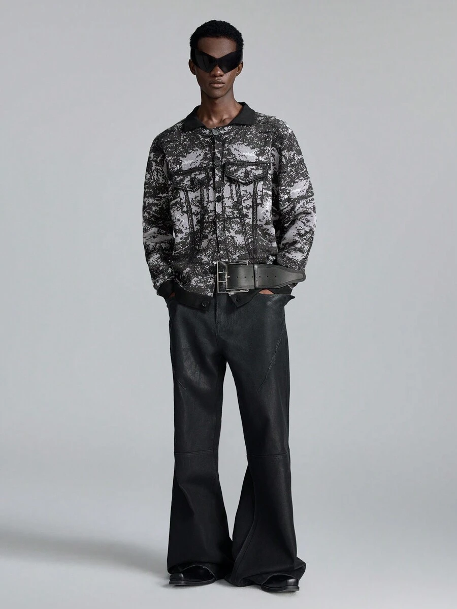 Manfinity VCAY 1 件男士长袖修身牛仔效果黑色开衫，外出时尚落肩厚实开衫，适合丈夫、男朋友的礼物，适合秋冬 - 黑色 - 查看 1