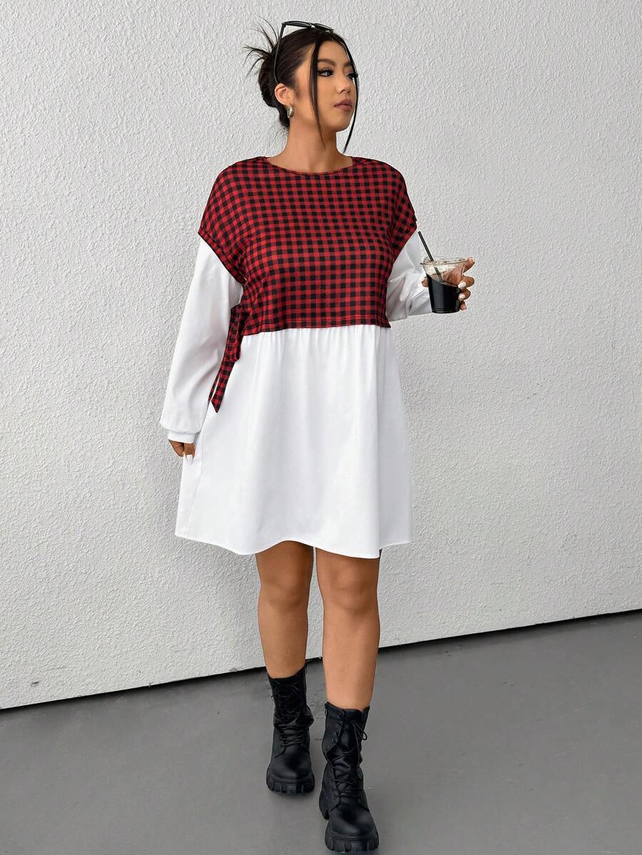 SHEIN EZwear 大码休闲落肩格子拼接长裙，秋冬 - 紅白色 - 查看 1