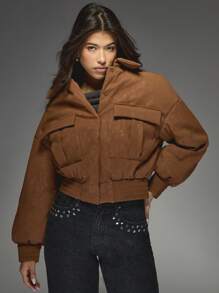 MISSGUIDED Suede Leather Bomber Jacket With Ribbed Cuffs Waistband Autumn Winter Fashion Casual Outerwear Streetwear