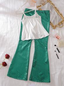 Conjunto de disfraz para adolescentes que incluye top de camisola de bajo y alto + pantalones con estampado de escamas de pez - Verde - Ver 2