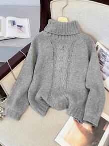 SHEIN Tween Girl Casual Floral Gray High Collar Loose Raglan Sleeve Puff Sleeve Textured Knitted Sweater,In Fall/Winter