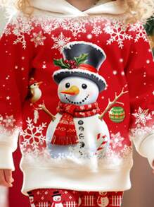 SHEIN 圣诞雪人与雪花，费尔岛图案印花，圣诞套装，圣诞女童装，圣诞小女孩服装，小女孩休闲简约连帽卫衣两件套，适合秋冬季 - 彩色 - 查看 4