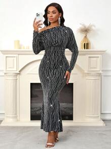 SHEIN Lady 金属华丽连衣裙长袖修身斜领女式连衣裙 - 黑色 - 查看 3
