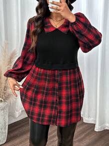 SHEIN LUNE Blusa con cuello Peter Pan, manga farol y diseño de parchwork a cuadros de moda para mujer de talla grande, para otoño