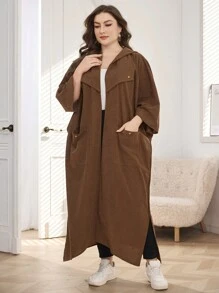 Lacomfia Plus Size Casual Loose Fit Hooded Coat With Dual Pockets, Suitable For Autumn - Rust Brown - View 5