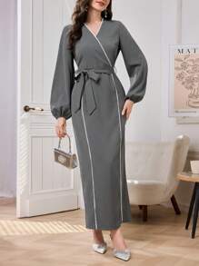 Modelyn Women's Deep V-Neck Patchwork Trimmed Knit Belt Fitted Straight Long Dress Maxi Women Outfit Long Evening Dresses - Light Grey - View 7