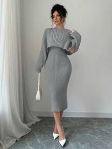 Elenzga 2pcs/Set New Arrival Twist Flower Round Neck Sweater Top And Bodycon Dress Knit Set For Women Fall Cloth For Women - Grey - View 3