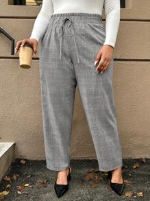 SHEIN VCAY Plus Size Women Vintage Plaid Print Tie-Front Loose Straight Leg Pants