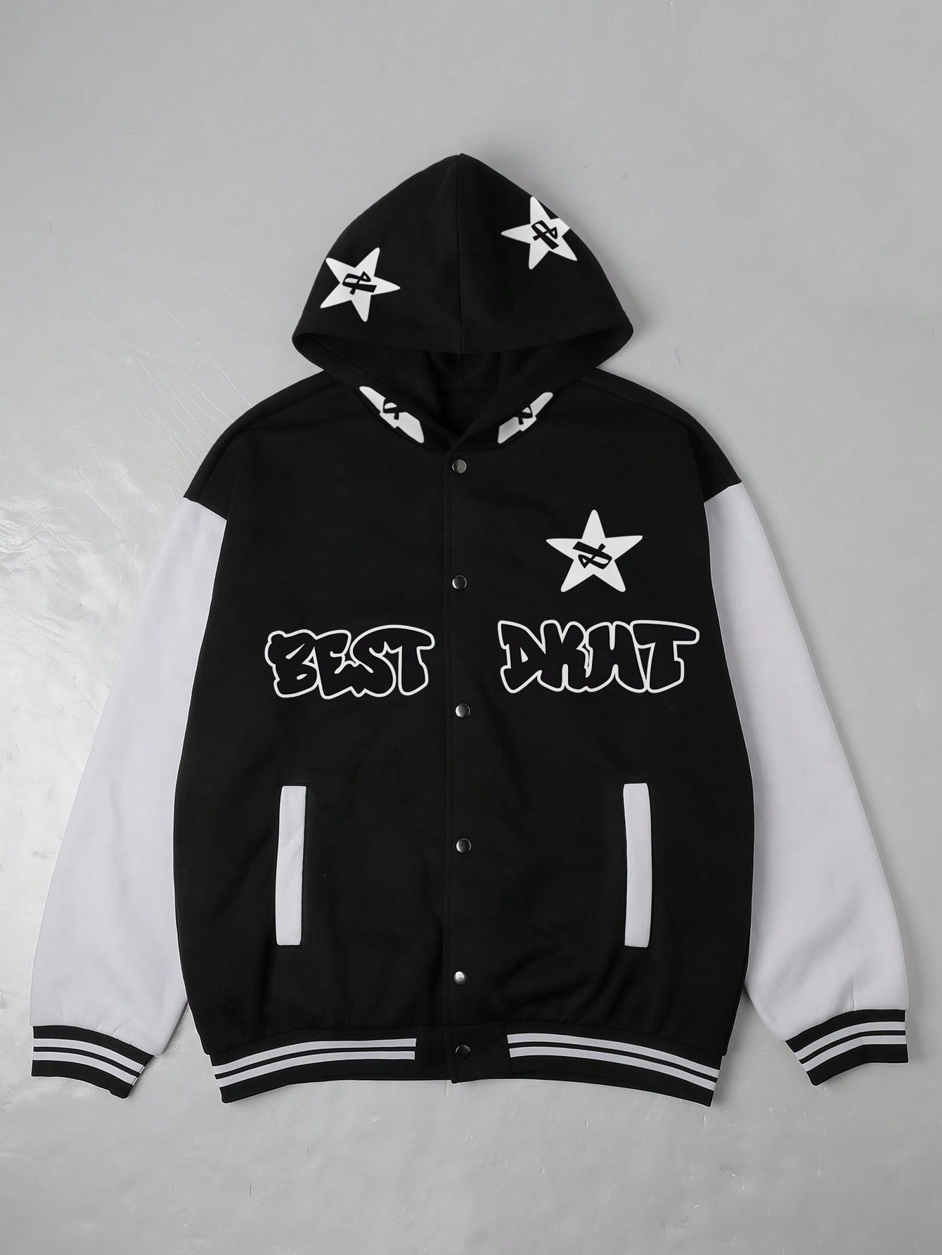 Manfinity Dauomo Men's Solid Color Patchwork Front Button Long Sleeve Letter Print Casual Hoodie