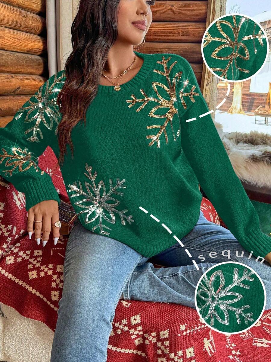 Calvaya Plus Size Women's Casual Sequined Snowflake Pattern Round Neck Pullover Sweater, Stylish & Slimming, Suitable For Autumn/Winter/Christmas Knit Pullover Fall - Green - View 1