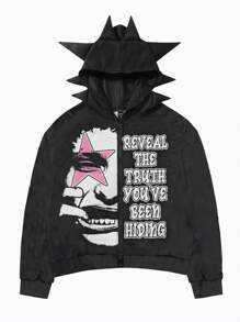 ROMWE MEN Grunge Punk Men's Antenna Letter And Portrait Print Hooded Zip-Up Long Sleeve Streetwear Hoodie Sweatshirt - Black - View 1