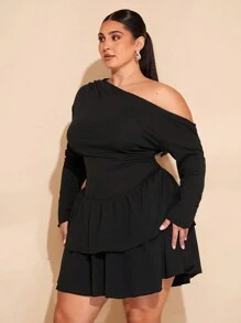 SHEIN BAE Plus Size Curve Women's Black Brushed Warm Asymmetrical One Shoulder Long Sleeve Layered Ruffle Bubble Mini Dress Winter Women Clothes Christmas Women Clothes Thanksgiving Women Outfit Fall Women Clothes Party Women Dresses Sundress Elegant Women Dresses Formal Dress Fall Women Outfits Elegant Dress Birthday Outfit