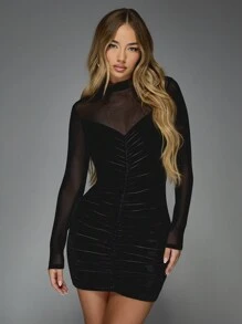MISSGUIDED Sheer Mesh High Neck Long Sleeves Velvet Ruched Bodycon Mini Dress