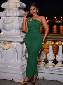 Slaydiva New Elegant Party Daily Date Shoulder Double Spaghetti Straps Bead Metal Decoration Straight Extra Long Pants Jumpsuit-W - Dark Green - View 6