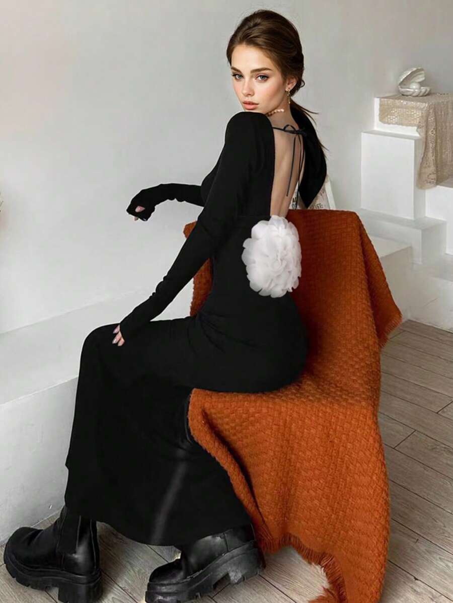 INAWLY 1pc Women Solid Color Boat Neck Slim Fit Elegant Long Sleeve Long Dress Fall Cloth For Women - Black - View 1