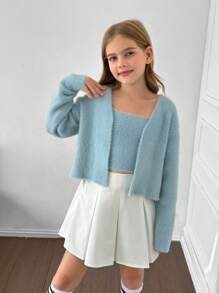 Tween Girls Knitted Solid Color Camisole With Long Sleeve Cardigan, Casual Autumn/Winter Outfit - Blue - View 4