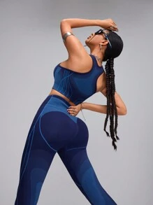 Innovista 2pcs Seamless 3d Jacquard Flowing Lines With Netted Structure Sport Woman Sets,Dynamic Stripes Seamless Middle Support Racerback Push Up Sports Bra & Workout Biker Leggings Set,Yoga Gym,High Waist Leggings Sets,Blue Sets,Fall Winter Wear - Navy Blue - View 8