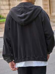 Claim Dot Áo khoác denim được giặt thông thường dành cho nam giới có miếng vá chữ và áo hoodie - màu đen - Xem 2
