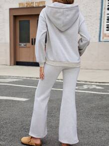 INAWLY 2pcs Women Set - Solid Color Hooded Neck Tie Pocket Long Sleeve Top And Flared Pants - Grey - View 2