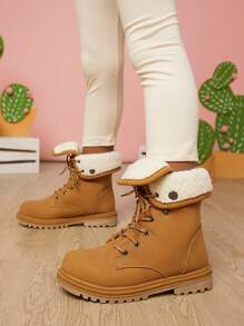 Mini mi Bestseller Kid's Camel Fold-Over Combat Boots – Cozy, Convertible Two-Way Wear For Winter Style - Camel - View 4