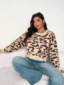 Calvaya Plus Size Women Round Neck Leopard Pattern Casual Pullover Sweater, Short Style, Autumn/Winter Knit Pullover Fall - Multicolor - View 4