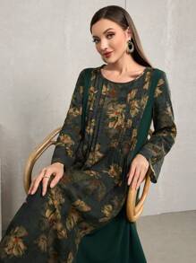 Al Najma Women's Daily Casual Traditional Contrast Color Striped Print Elegant Loose Dress Kaftan Jalabiya Dress - Dark Green - View 4