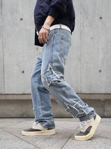 Manfinity EMRG Straight Leg Jeans, Casual And Fashionable For Daily Wear, Frayed Plain Straight Leg Light Blue Washed Cargo Jeans, For Husband, Boyfriend Gifts