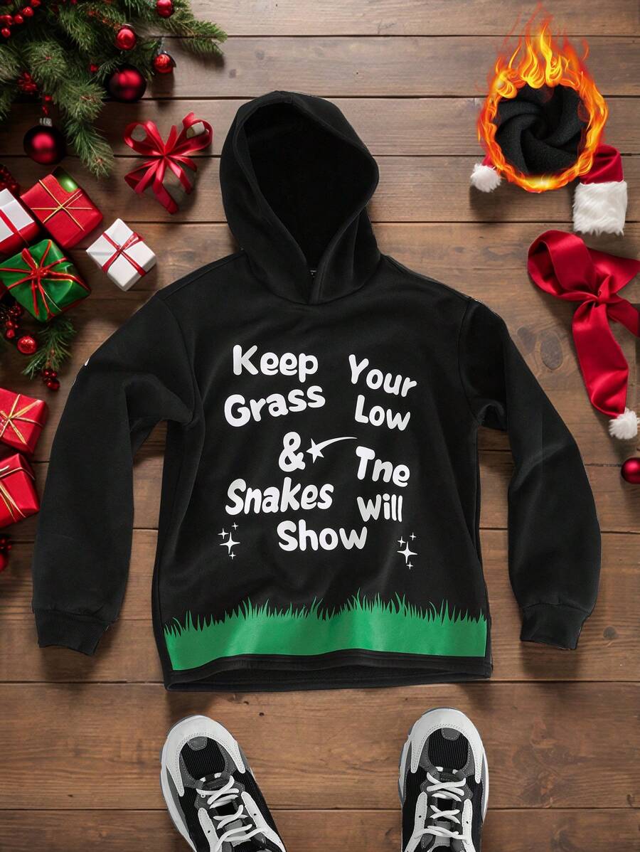 Manfinity EZcore Men's Letter Print Minimalistic Casual Hoodie, Long Sleeve - Black - View 1