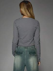 MISSGUIDED Ribbed Long Sleeve Button Front Crop Top Retro Style Fitted Classic Striped Pattern Spring Fall Fashion Casual Basic Modern Daily Wear Essential Wardrobe Piece