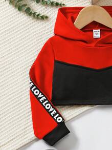 SHEIN 2pcs/Set Young Girl Contrast Color Letter Print Hooded Sweatshirt And Pants - Black - View 5