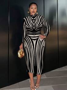 Slaydiva Plus Size Minimalist Artistic Lines Print Long Sleeve Round Neck Fitted Dress, Elegant Women Clothing For Autumn/Winter - Multicolor - View 5