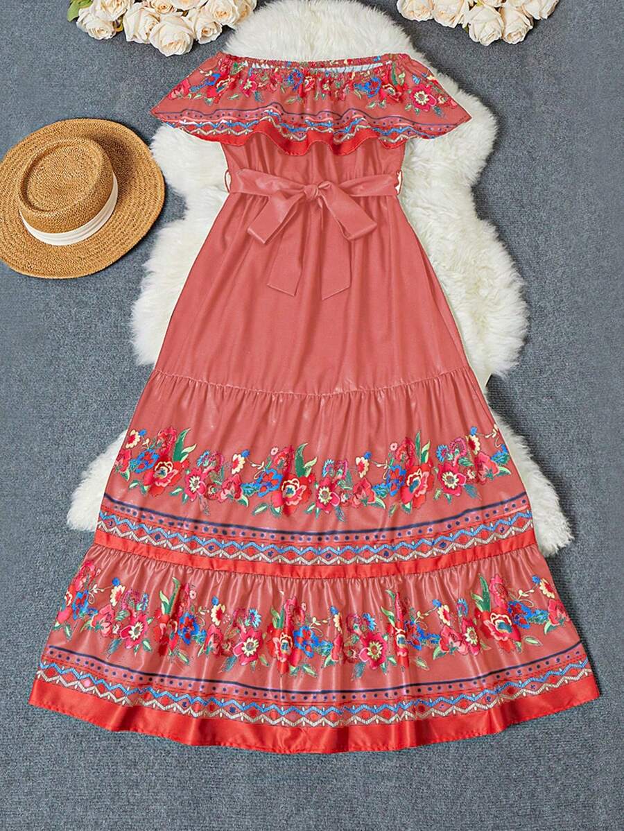 Breezaya 女士度假风格花卉印花露肩荷叶边多层下摆系带连衣裙，春夏长款女装 - 粉色 - 查看 1