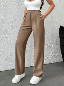 EURMUSE Damen stilvolle Einfarbige hochgeschnittene Bundfalten-Hose mit gerader Schnittform und mehreren Knopfdetails - Braun - Übersicht 3