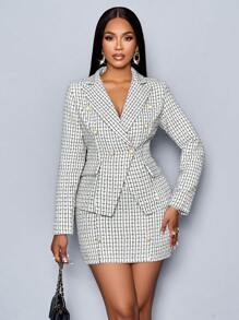 Zolique Plaid Pattern Double Breasted Blazer & Skirt - White - View 7