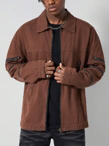 ROMWE MEN Street Life Veste en jean décontractée style rétro et casual ample avec fermeture éclair pour hommes - Tabac - Voir 1