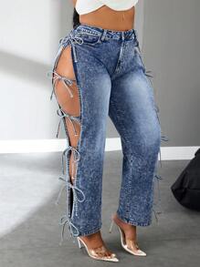 SHEIN SXY Jeans de moda con diseño calado y cordones para mujer de talla grande - Negro - Ver 3