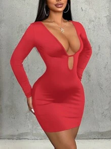 VaVaBold Women's Minimalist Hollow V Neck Short Dress, Sexy And Casual For Daily Wear For New Year Clothes - Red - View 5