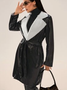 SHEIN SXY F秋冬女式长款外套休闲保暖 PU 毛绒内衬长袖口袋夹克（配腰带）；所有女装；黑色皮夹克；女式长款外套 - 黑色 - 查看 1