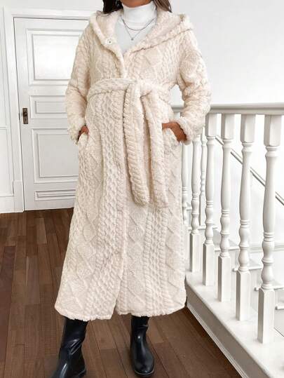 SHEIN 孕妇休闲纯色落肩宽松连帽抽绳毛绒夹克，秋冬季，适合孕妇